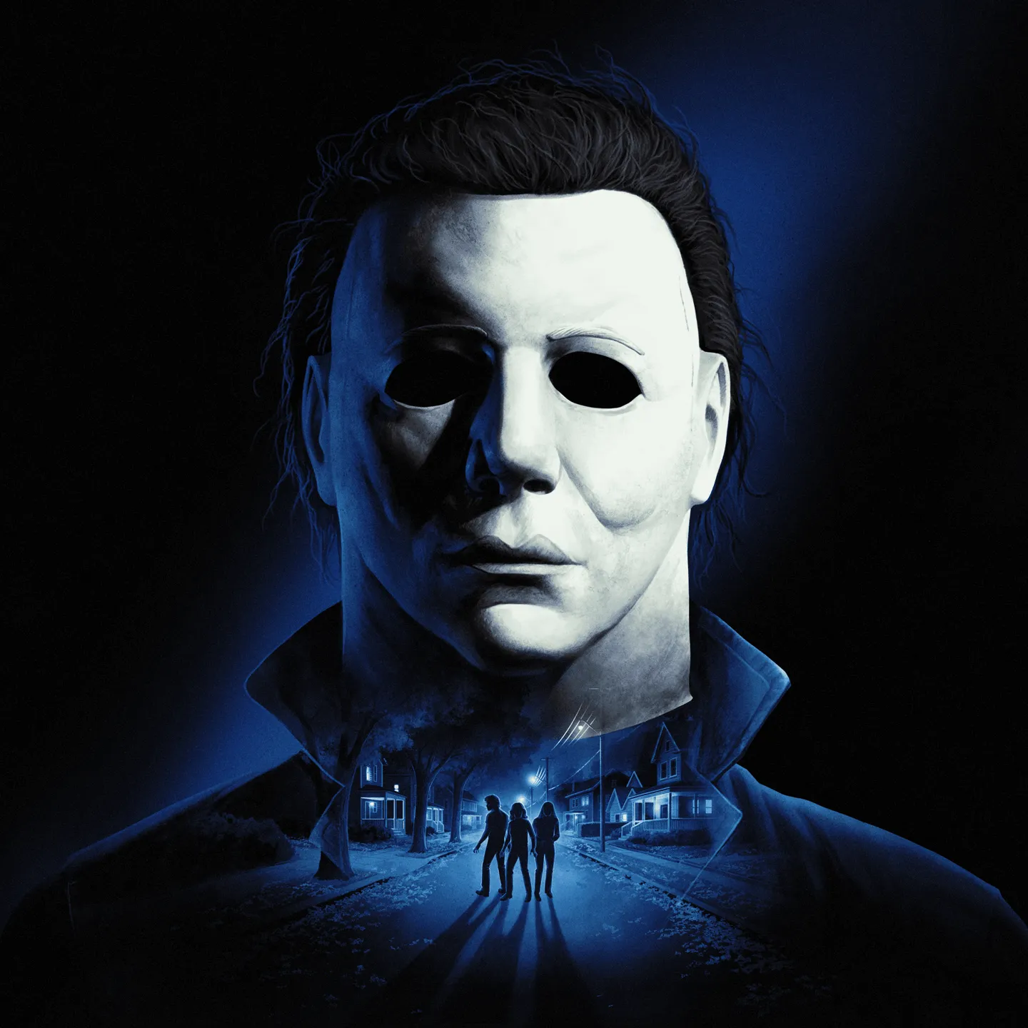 Michael Myers watches Laurie Strode and three Civilians in Halloween: The Game key art